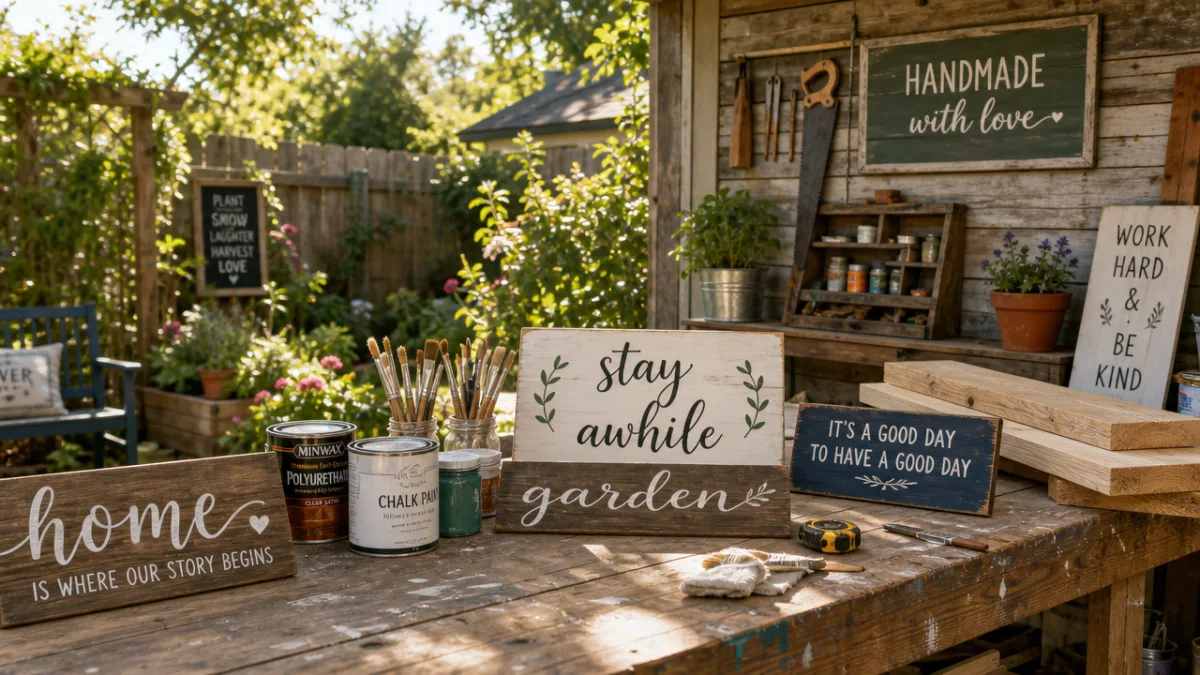 a sunlit backyard garden workshop with wood planks, paint cans, and handcrafted…