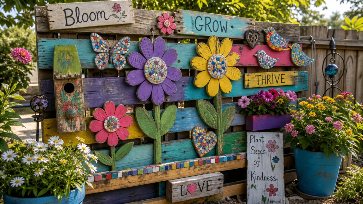 a colorful upcycled pallet wood garden art display with painted flowers and…