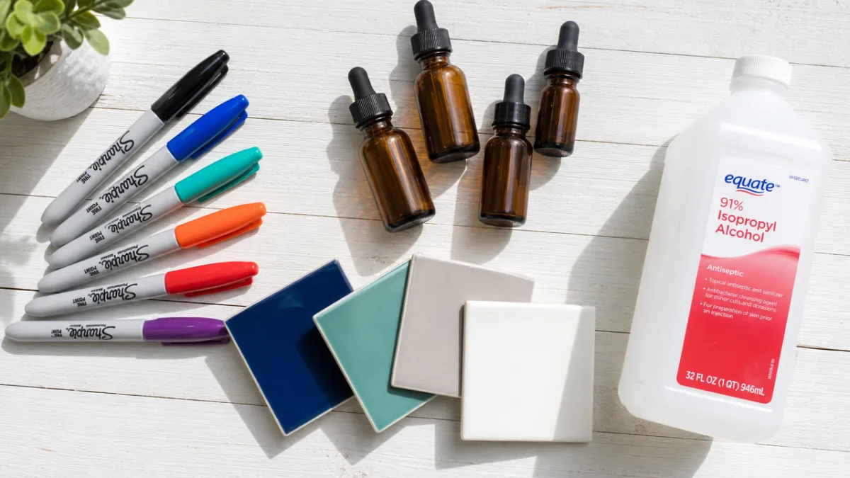 a flat lay of Sharpie markers, glass dropper bottles, ceramic tiles, and…