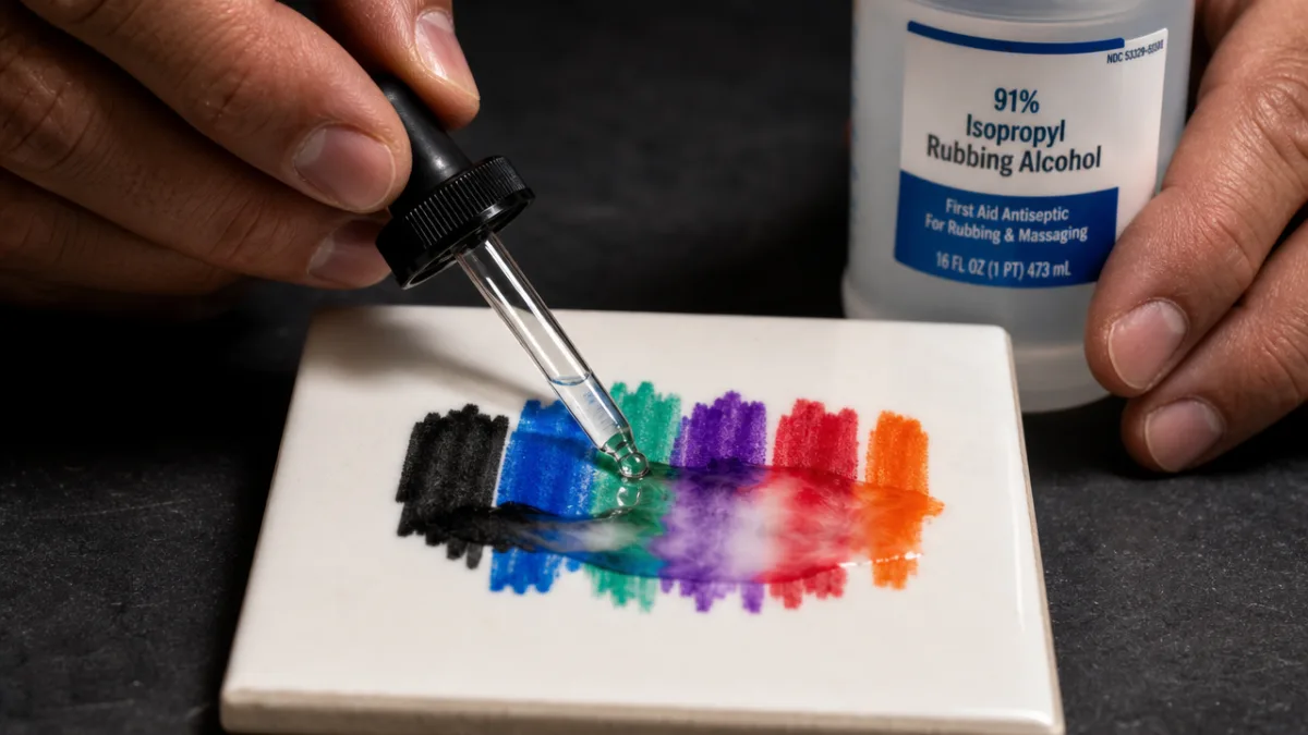 hands using a glass dropper to apply rubbing alcohol to colorful Sharpie…