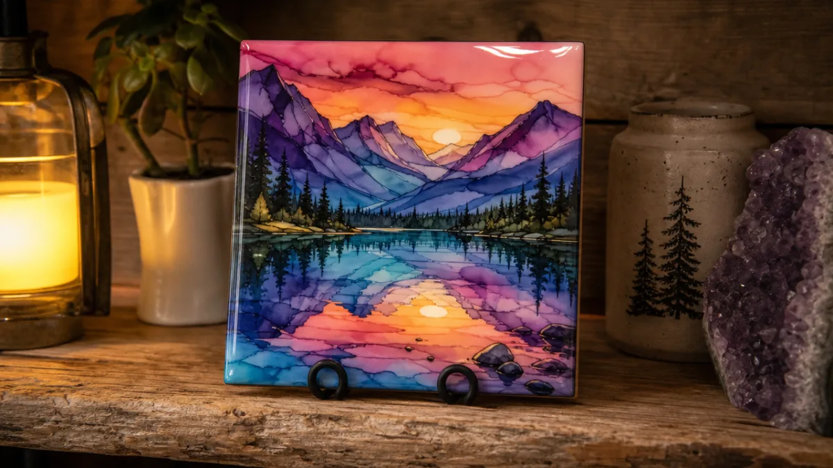 a finished Sharpie alcohol ink painting on ceramic tile sealed with glossy…