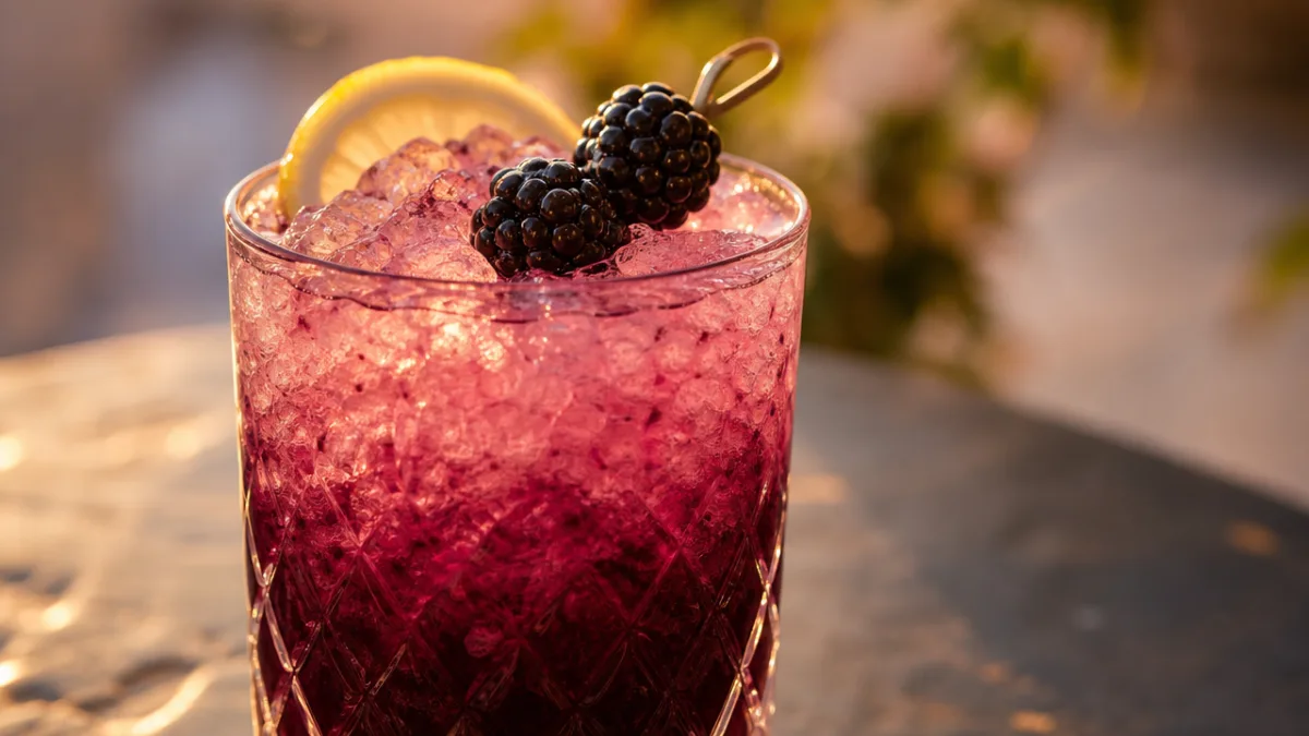 a close-up of a Bramble cocktail with crushed ice and purple-pink hues,…