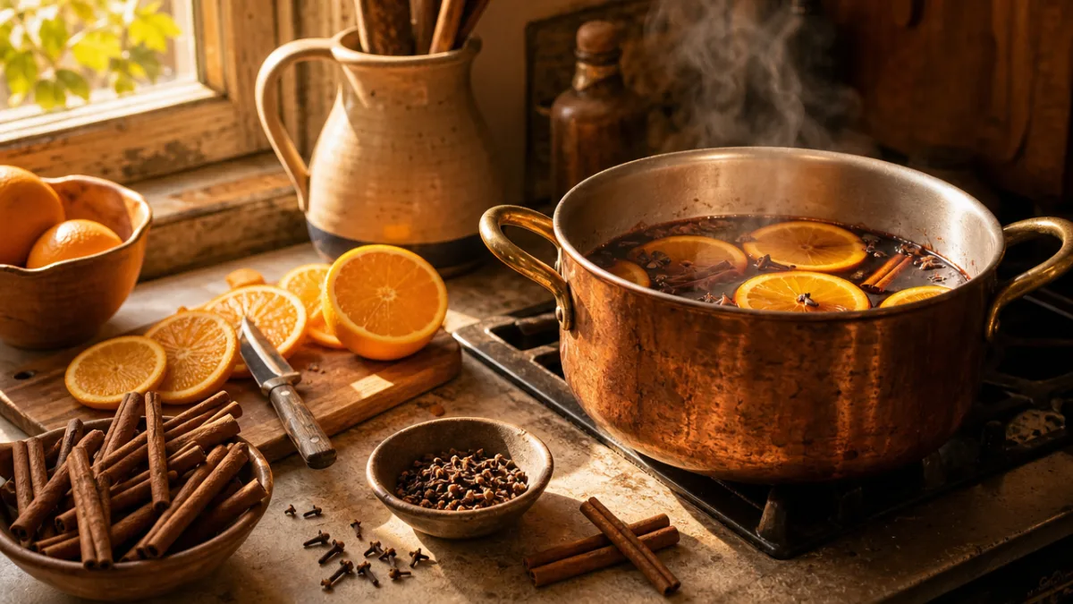 a rustic kitchen countertop with a simmering pot surrounded by cinnamon sticks,…