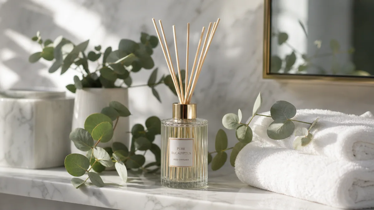 elegant reed diffuser on a marble bathroom shelf surrounded by eucalyptus sprigs…