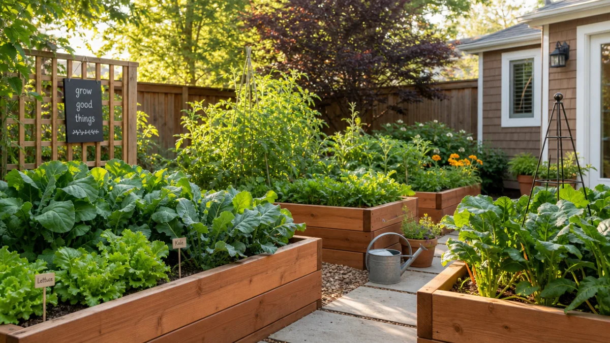 a sunlit backyard garden with neatly built cedar raised beds filled with…
