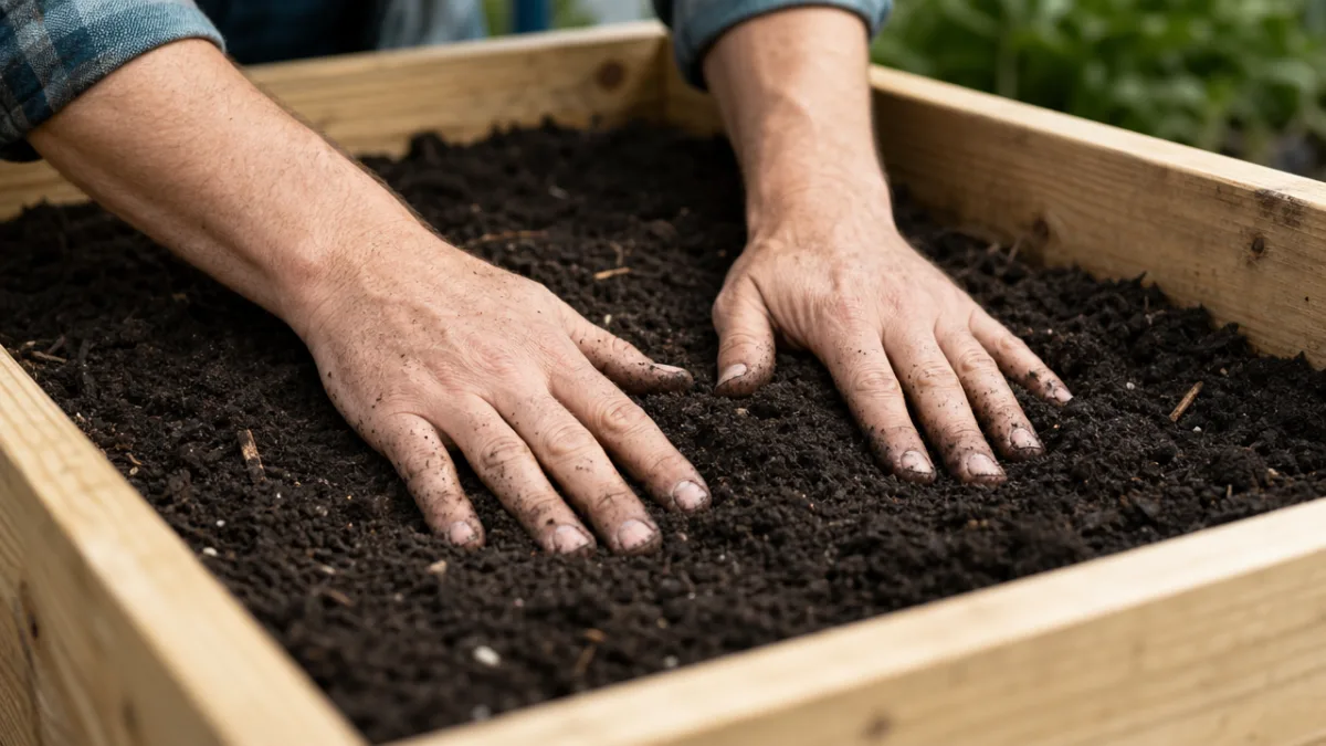 close-up of hands pressing dark rich soil into a newly built wooden…