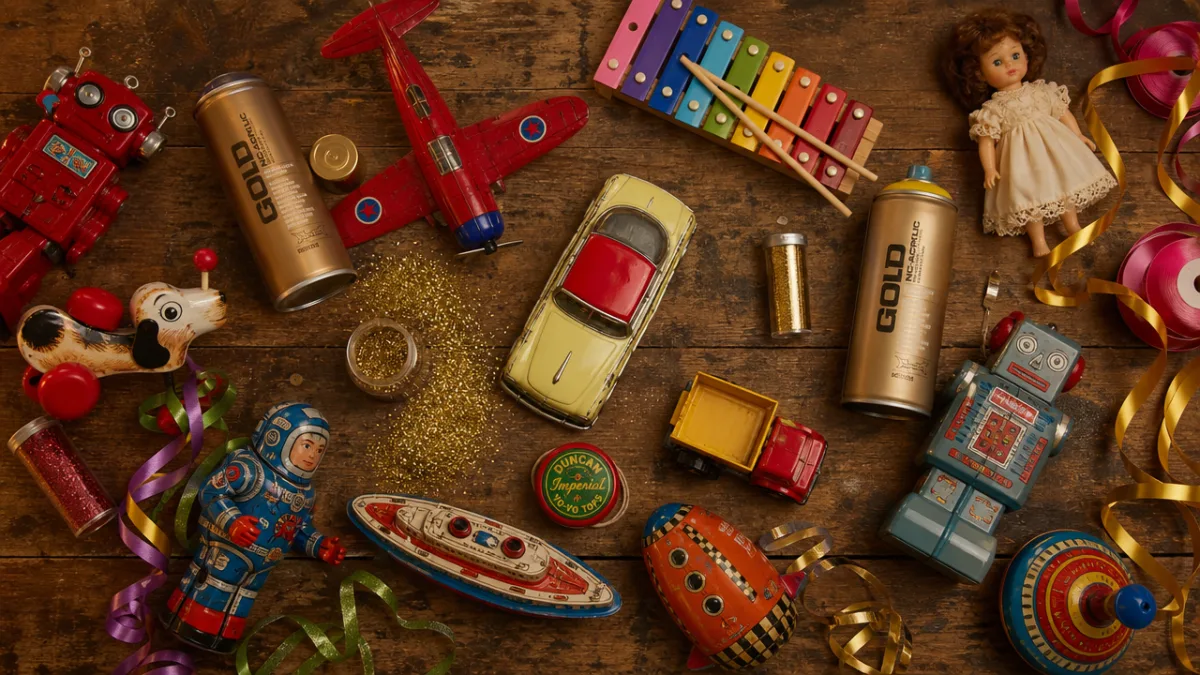 a flat lay of colorful old toys, gold spray paint cans, glitter…