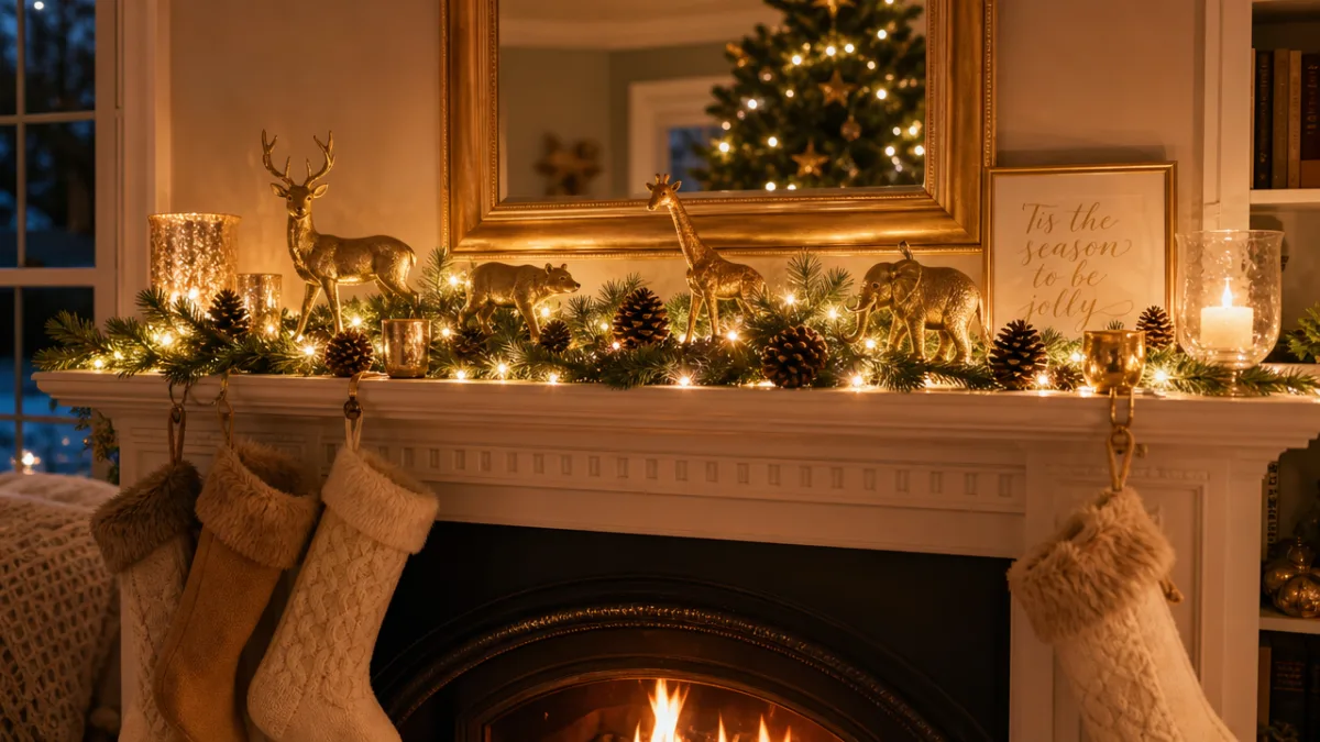 a beautifully styled Christmas mantelpiece with gold-painted toy animals, pine cones and…