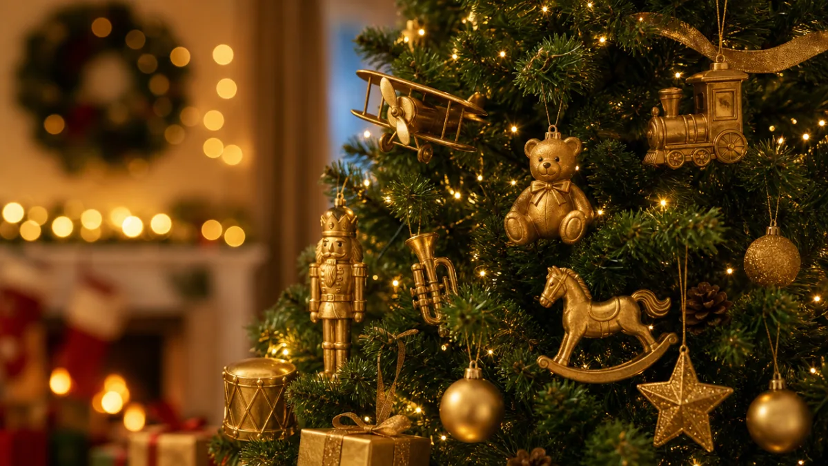 a decorated Christmas tree with gold-painted toy ornaments and twinkling fairy lights,…