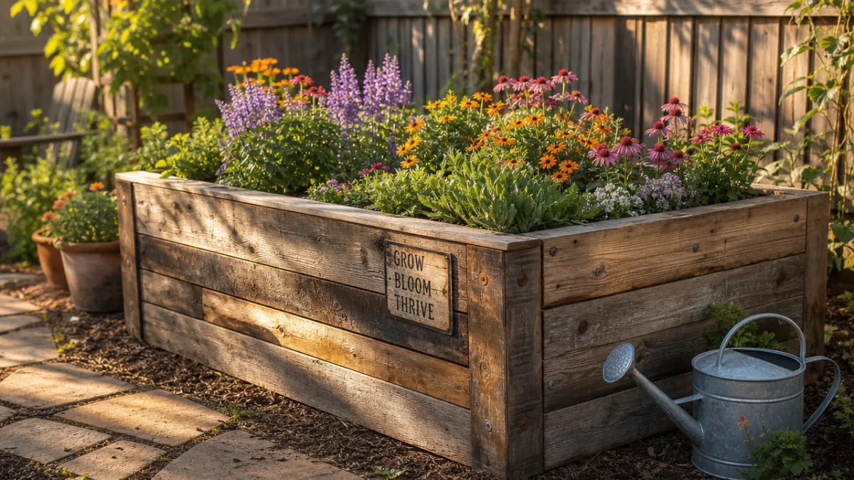 a rustic raised garden bed built from reclaimed wood in a sunny…