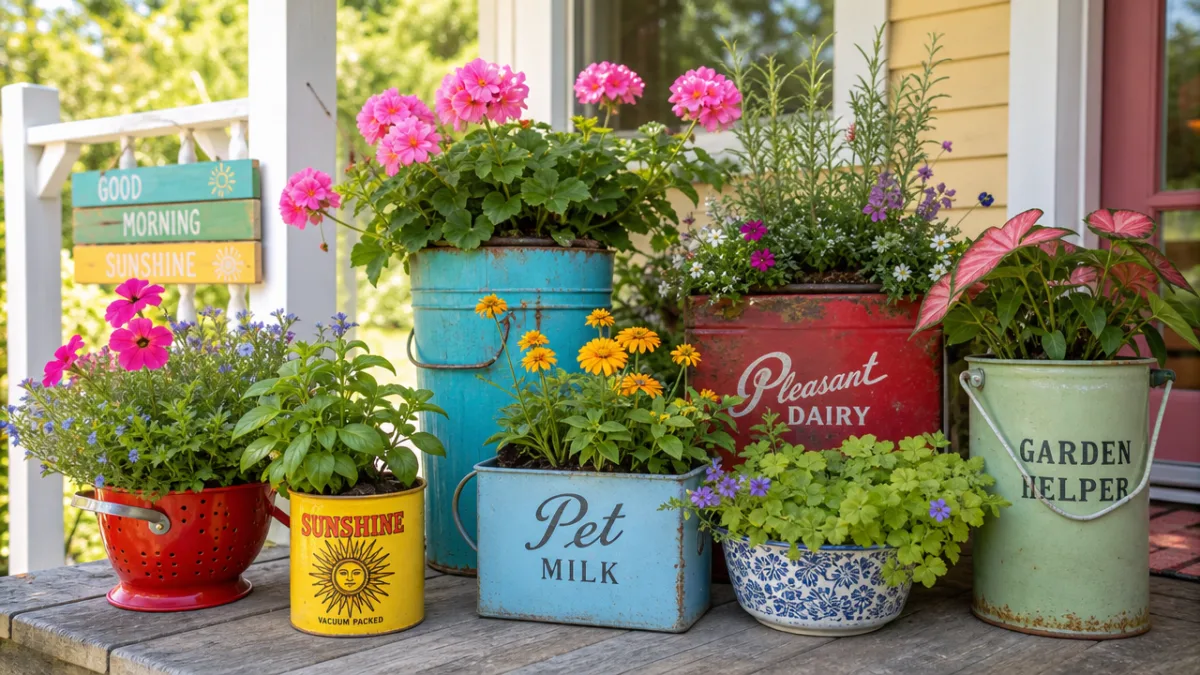a collection of colorful potted plants in mismatched repurposed containers on a…