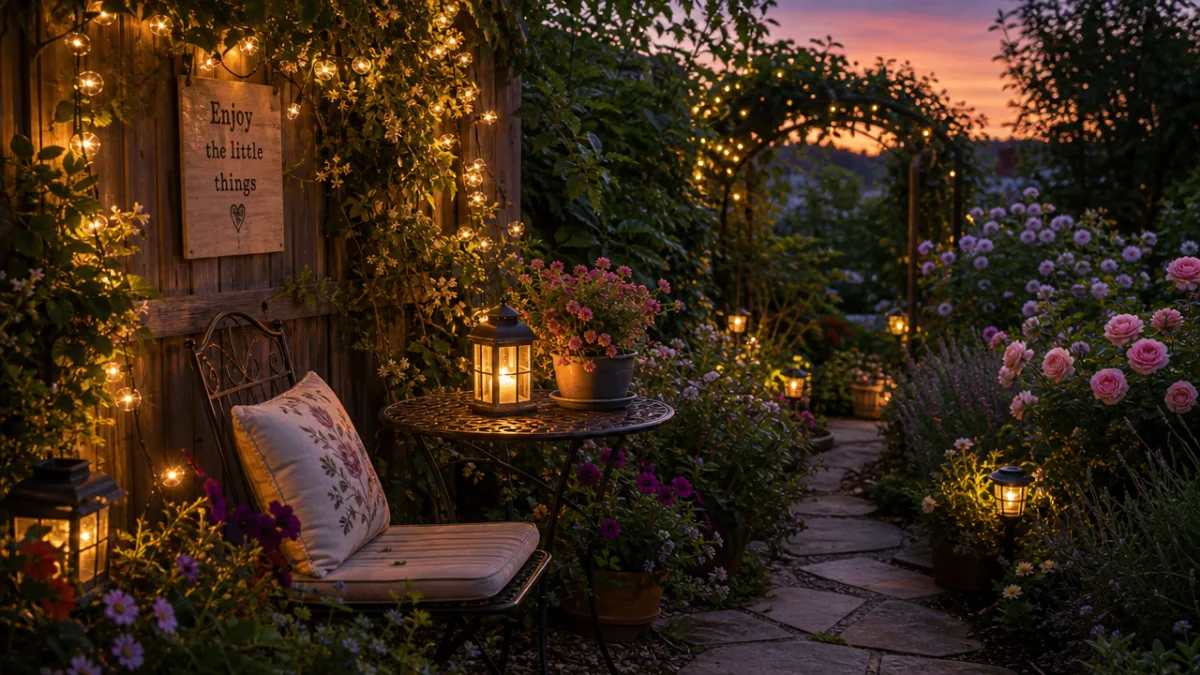 a cozy garden corner at dusk with solar fairy lights glowing warmly,…