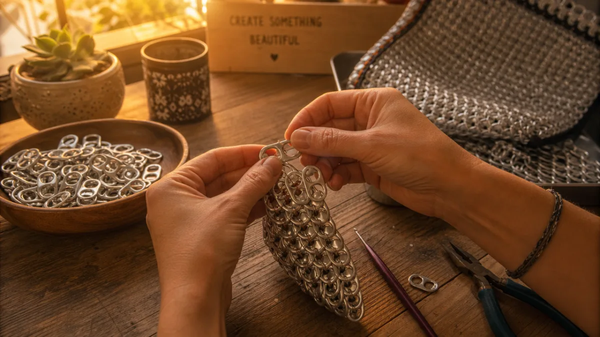 hands carefully weaving aluminum soda tabs together on a wooden craft table,…