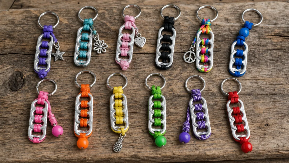 a collection of colorful finished soda tab keychains displayed on a rustic…