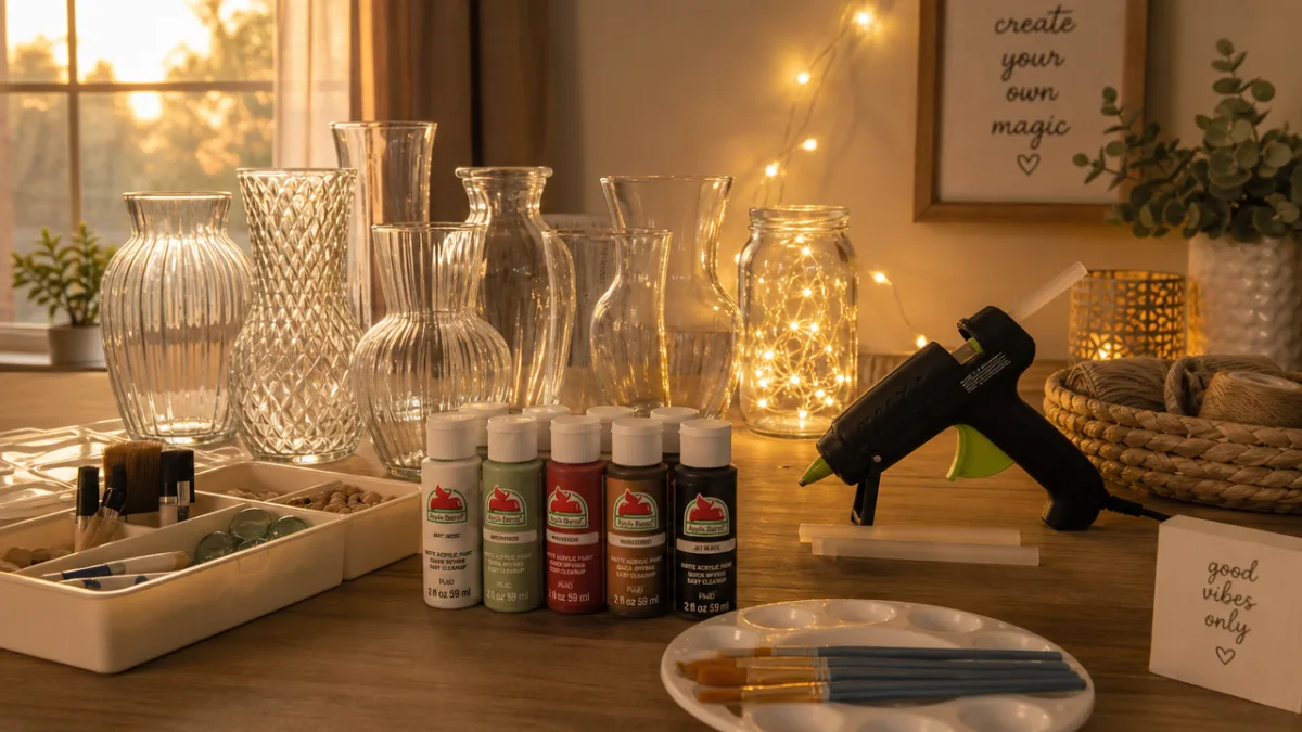 a warmly lit craft table with dollar store glass vases, fairy lights,…