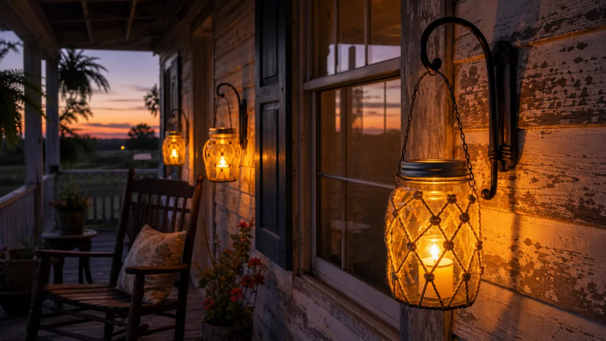 a cozy porch at twilight with handmade mason jar lanterns hanging from…