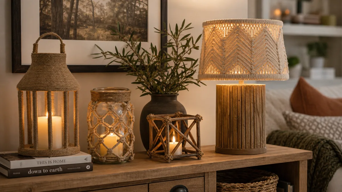 a styled living room vignette with three DIY lanterns and a handmade…