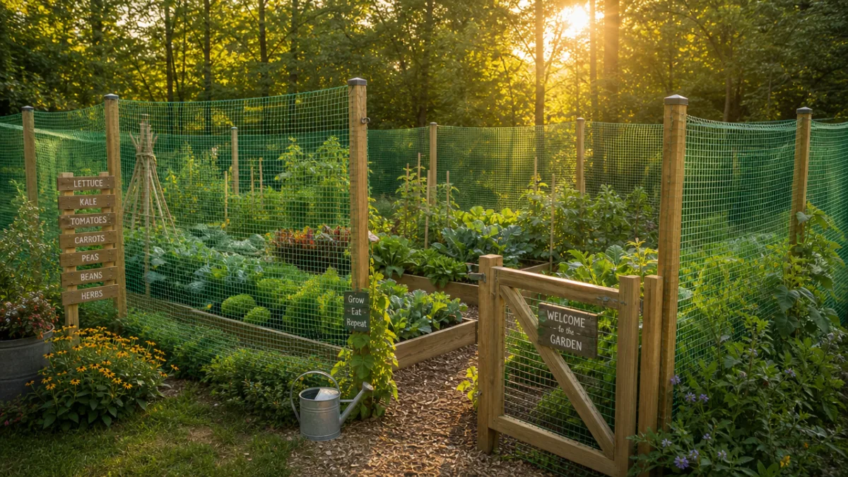 a lush vegetable garden enclosed by tall green deer netting, golden afternoon…