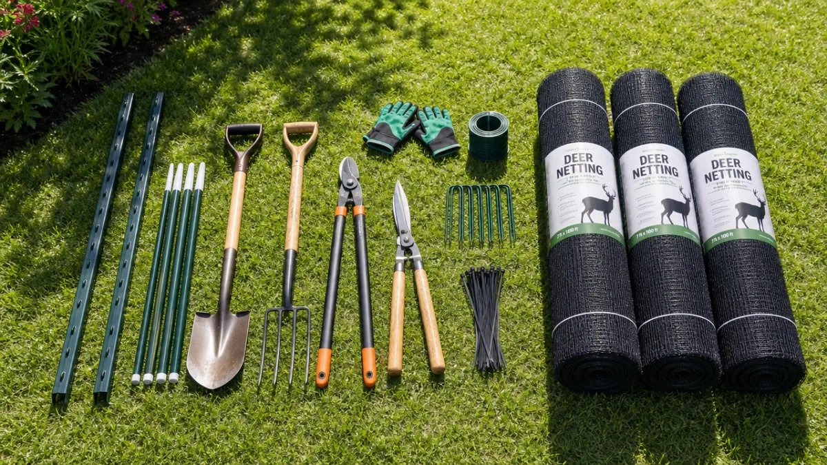 organized garden tools and rolls of deer netting laid out on grass,…