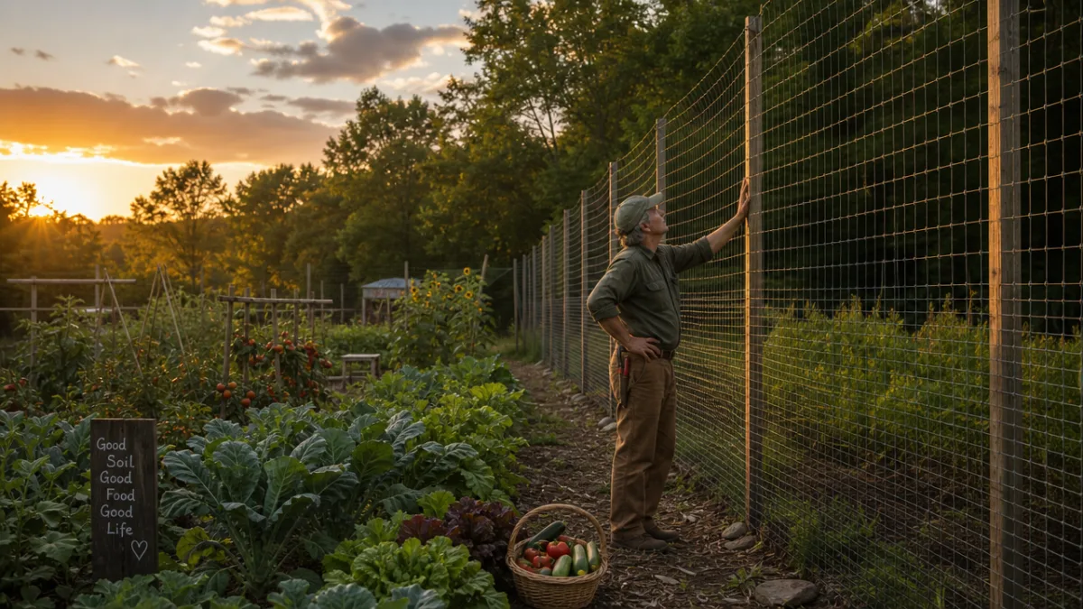 a gardener inspecting a tall deer fence at the edge of a…