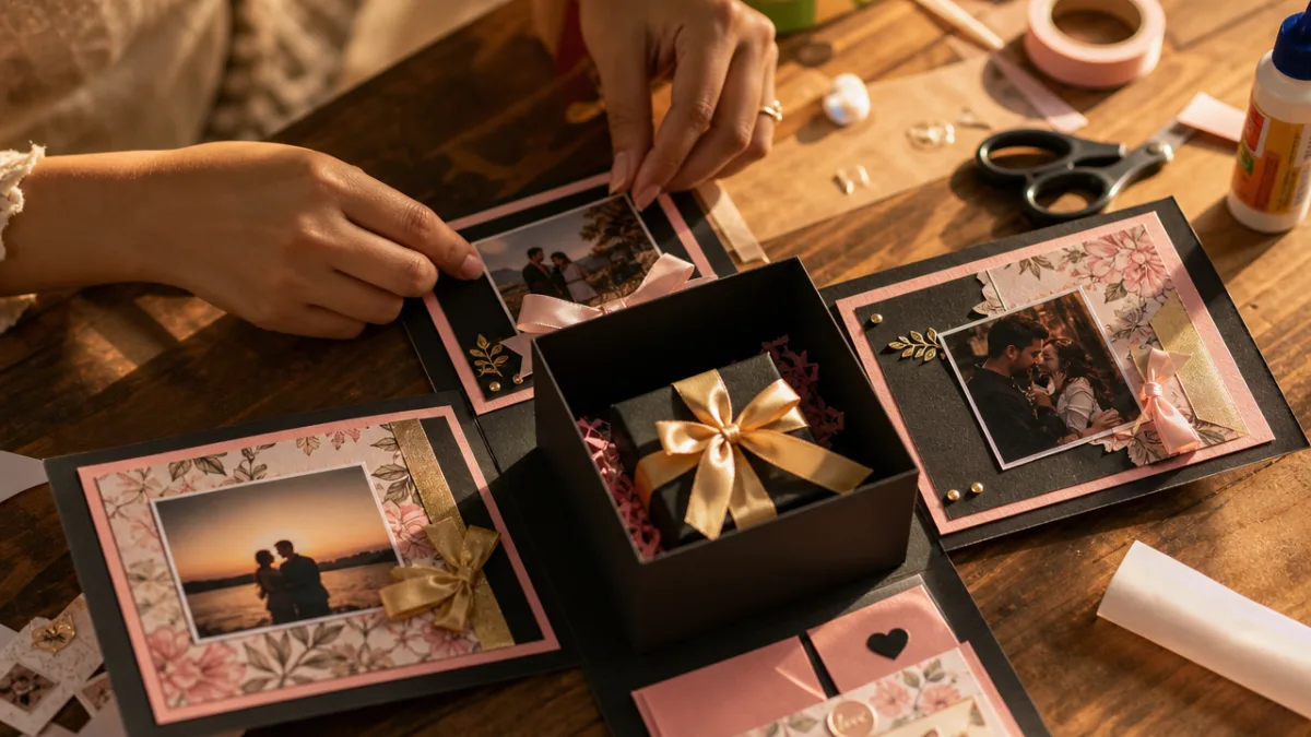 close-up of hands decorating explosion box panels with photos and ribbons, warm…