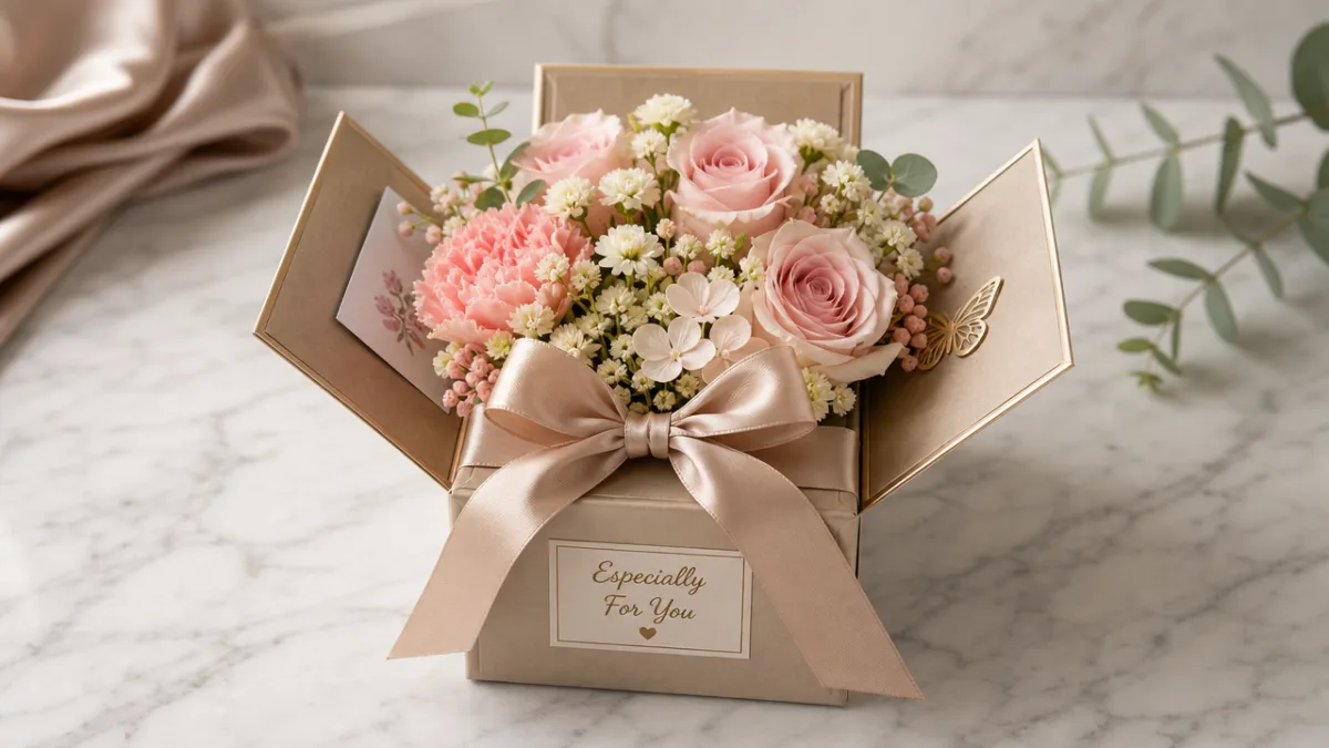 a finished surprise explosion gift box presented with ribbon and flowers on…