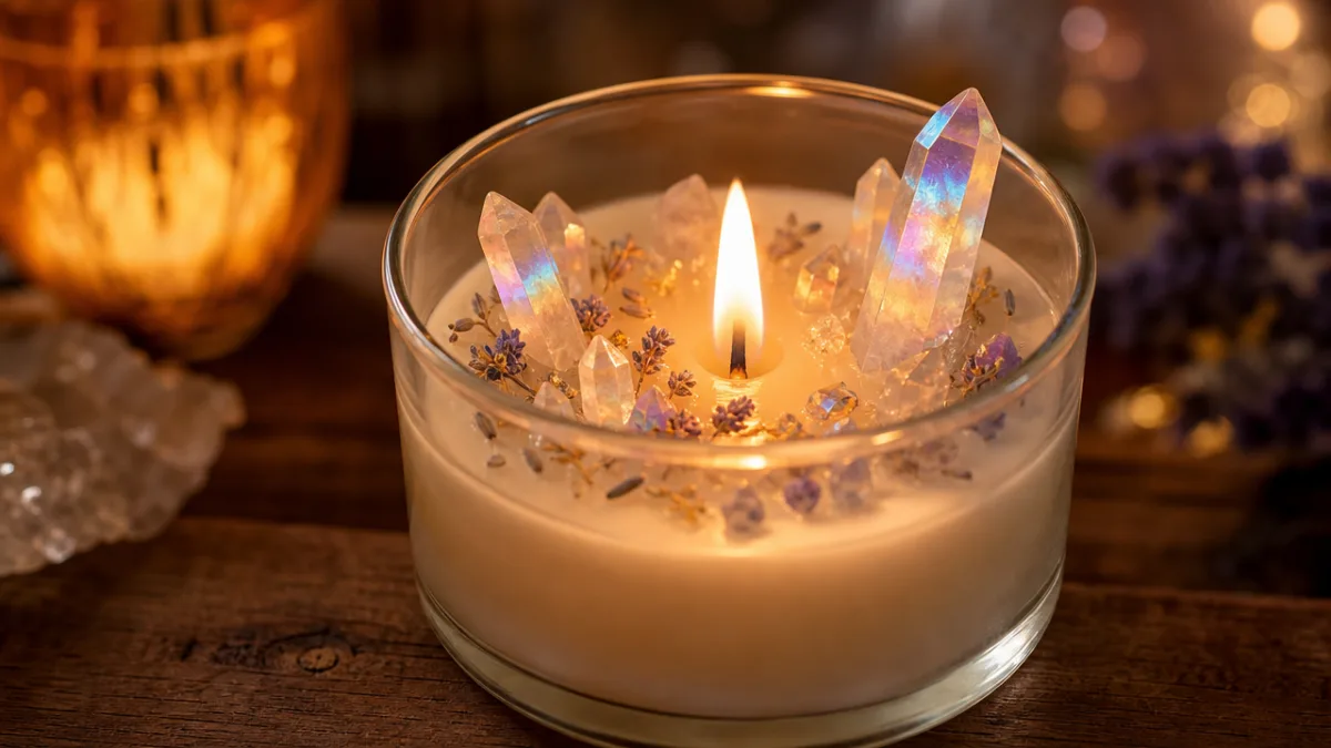 a close-up of a glowing soy candle with iridescent aura quartz crystals…