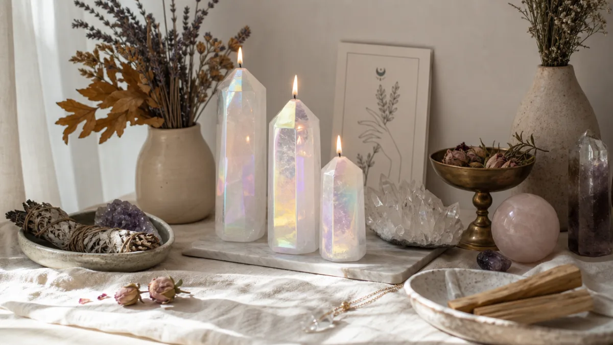 a styled home altar with aura quartz candles, crystals, and dried botanicals…