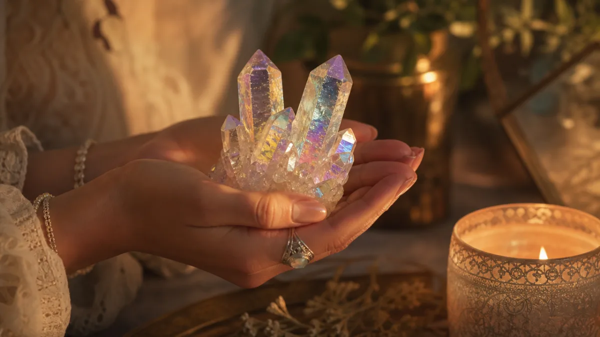 a woman's hands gently holding iridescent aura quartz crystals near a softly…