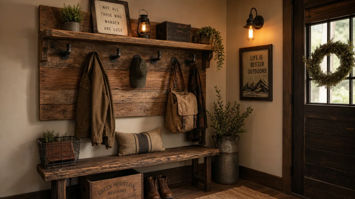 a rustic entryway with reclaimed wood wall organizer, iron pipe hooks, warm…