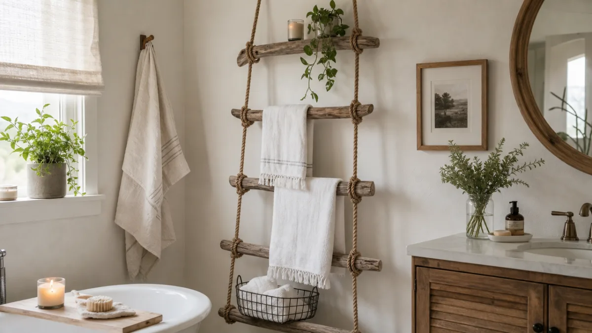 a cozy bathroom with rope and driftwood ladder organizer, soft natural light…
