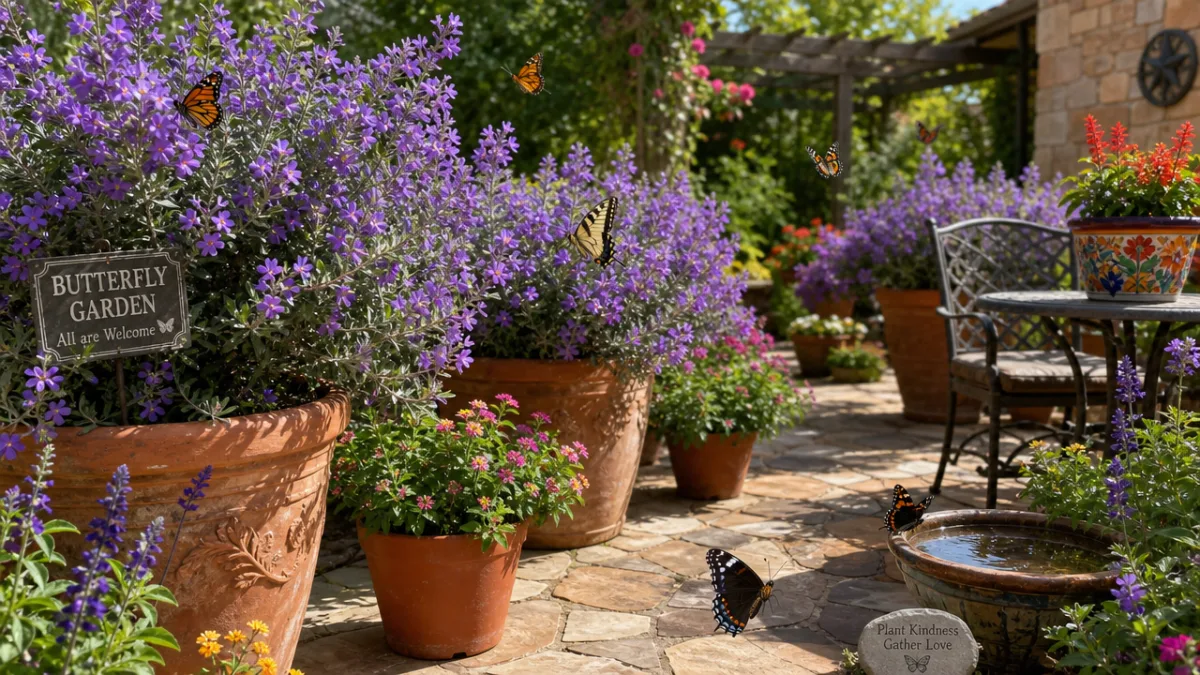 a lush butterfly garden with purple-blooming Texas sage in terracotta containers on…