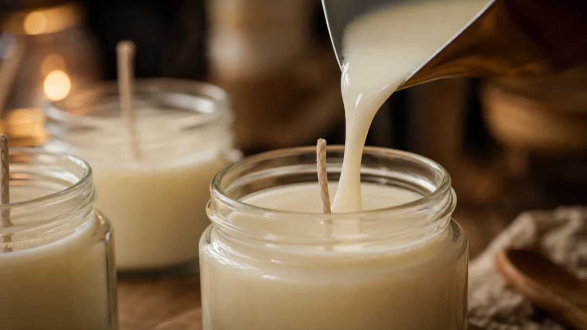 a close-up of creamy white soy wax being poured into glass candle…