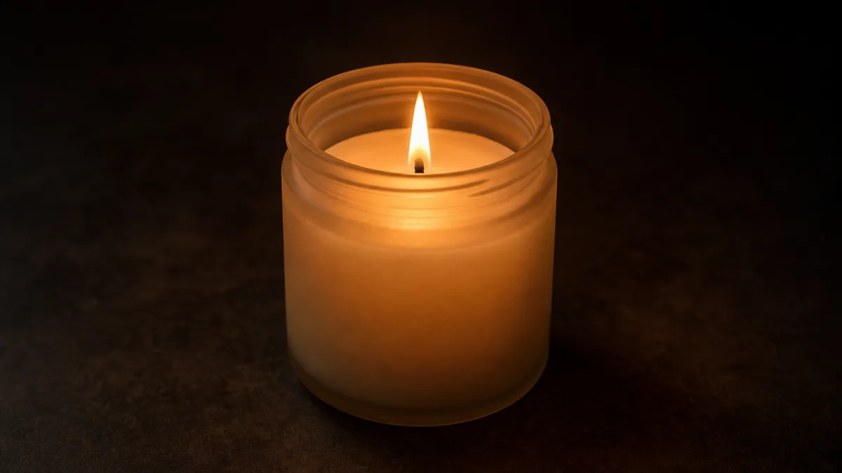 a single lit candle with a cotton wick burning inside a frosted…