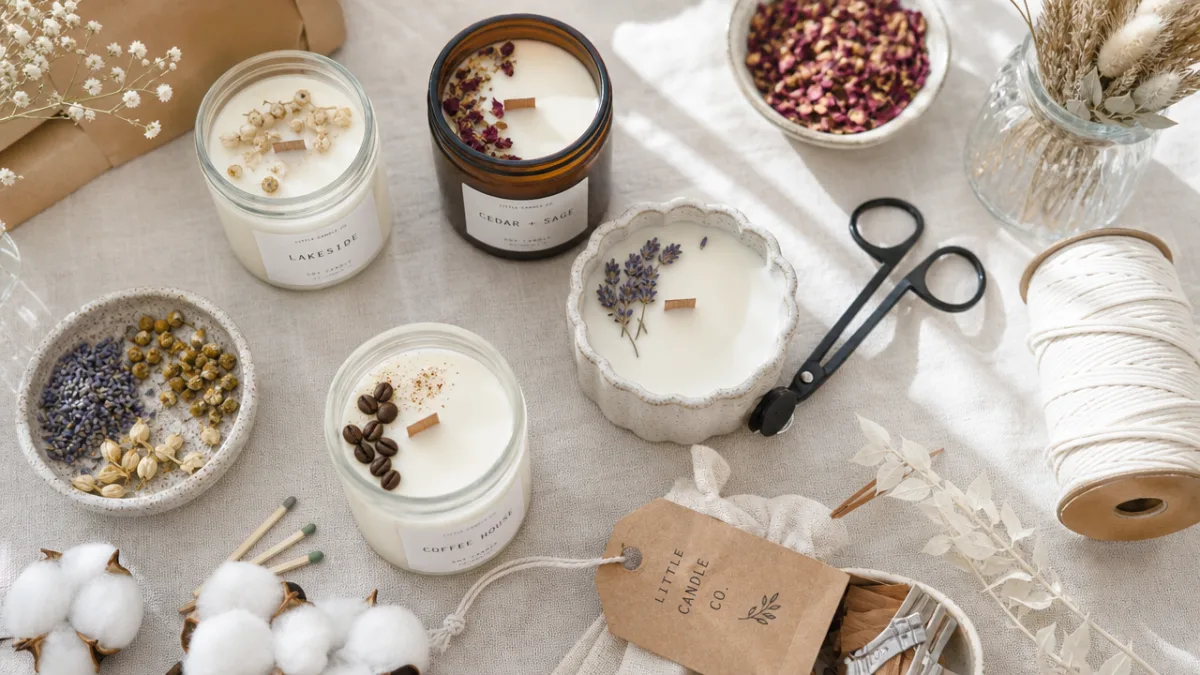 an artisan candle studio flatlay with multiple soy candles, dried botanicals, and…