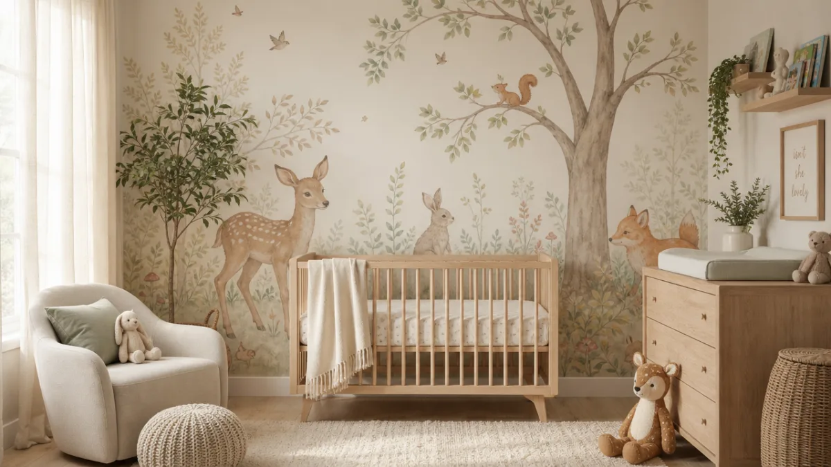 a soft pastel nursery wall with hand-painted woodland mural, warm natural morning…