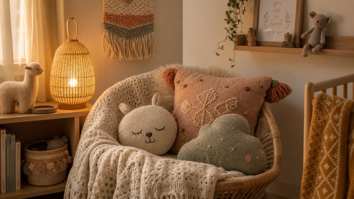 a cozy nursery corner with handmade textile cushions and soft blankets, warm…
