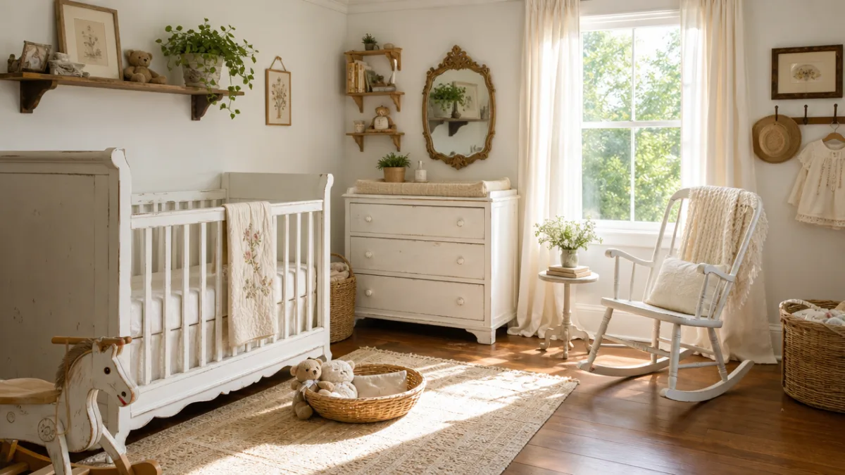 a bright airy nursery with upcycled wooden furniture painted white, vintage accents,…