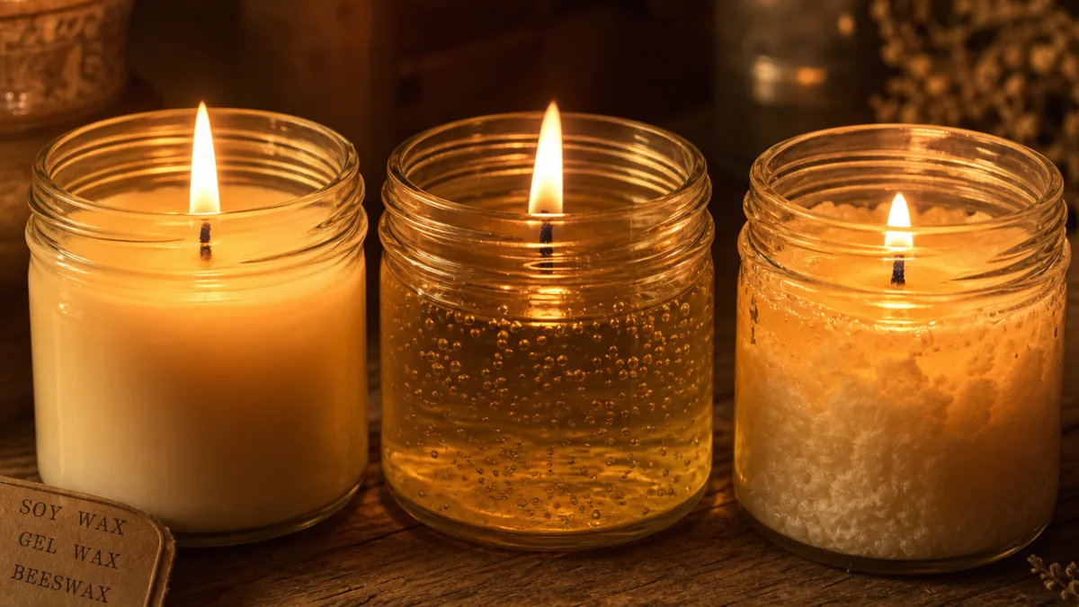 a close-up of three different candle wax types melting in glass jars…
