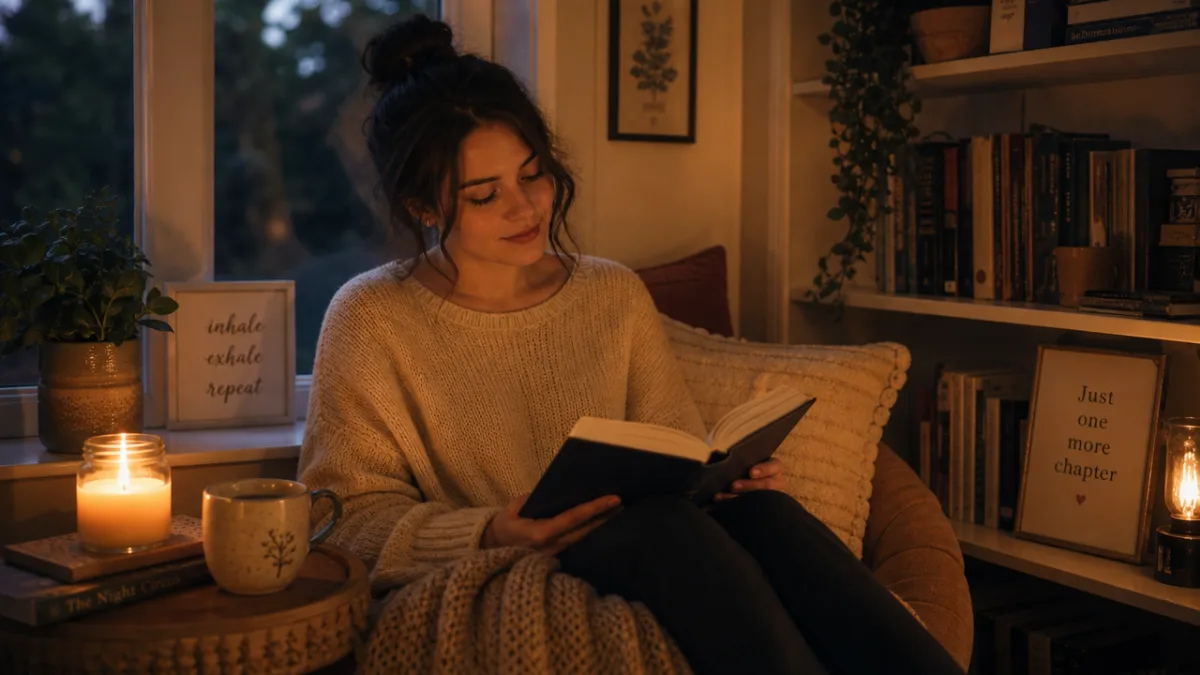 a woman sitting peacefully beside a lit candle in a cozy reading…