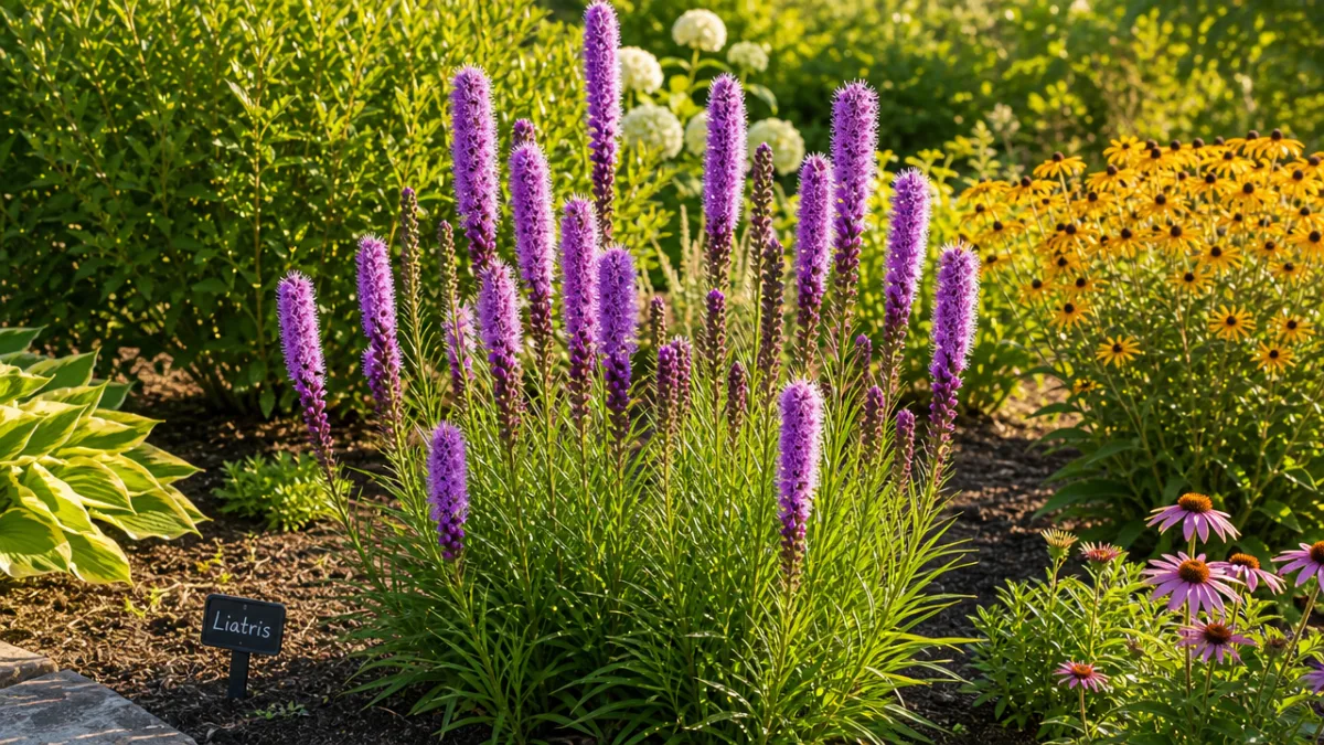 a lush garden bed in bright summer sunlight showing tall purple liatris…