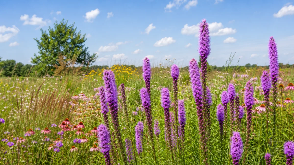 a sunlit prairie garden with tall flowering spikes of purple liatris in…