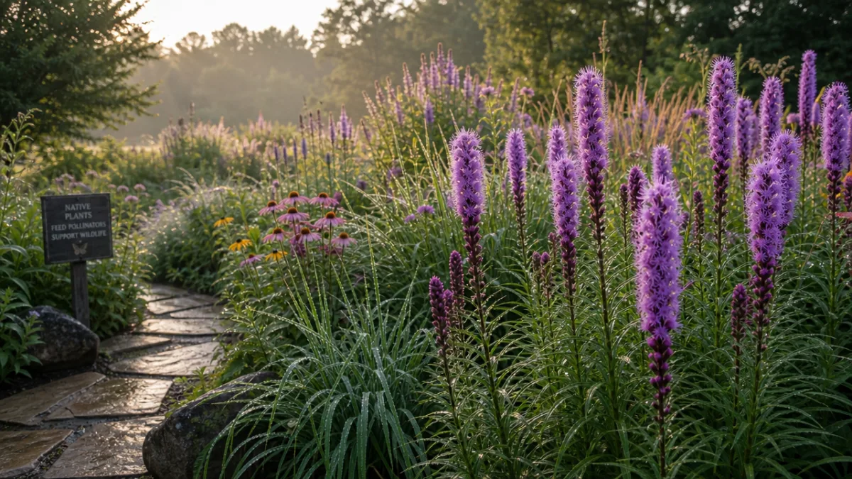 a carefully tended native plant garden with healthy liatris in full bloom,…