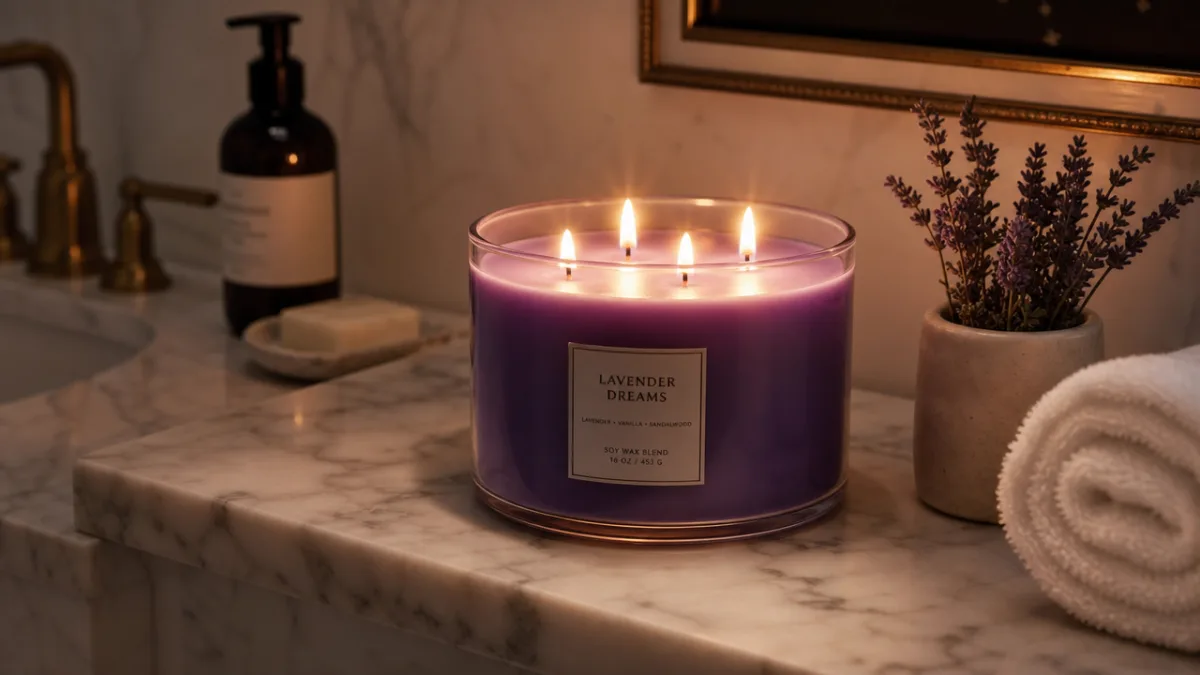 a large four-wick purple candle burning on a marble bathroom shelf, soft…