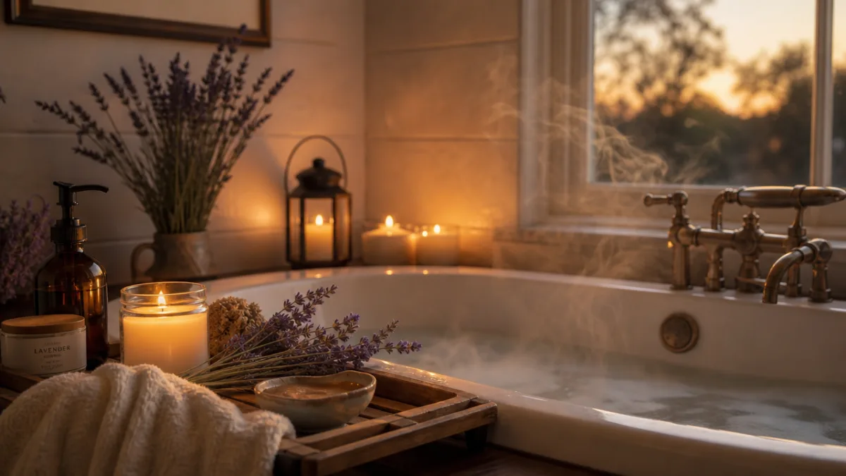 a relaxing bath setup with candles, lavender sprigs, and steam rising, warm…