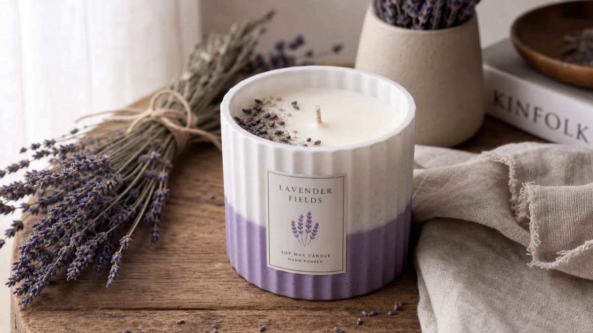 a styled purple and white candle on a wooden table with dried…