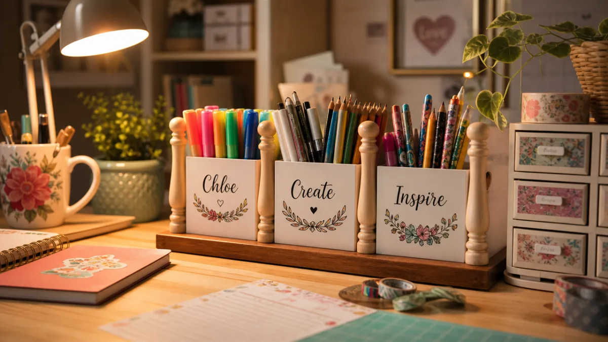 a cozy craft room desk with personalized spindle organizers, warm lamp light,…