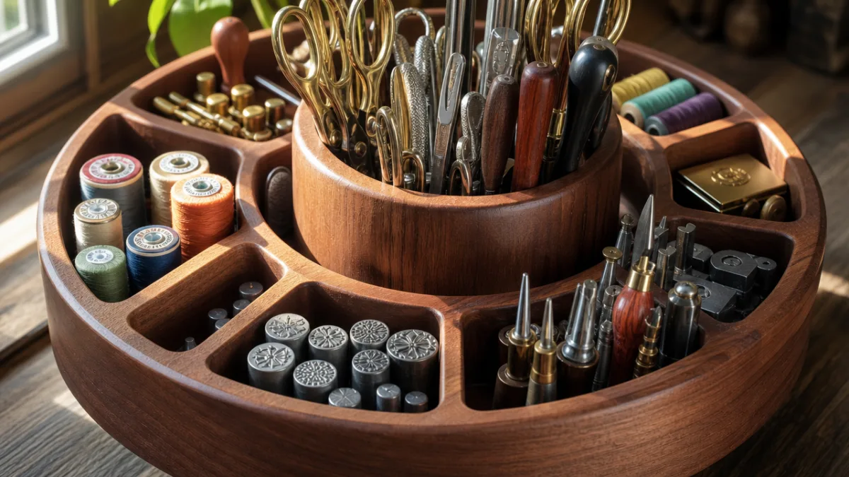 a close-up of organized craft tools in a spindle base insert, natural…