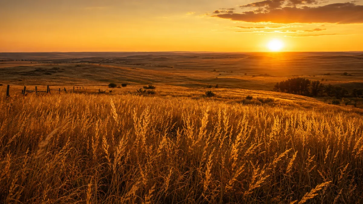 a sweeping golden prairie grassland at golden hour, warm amber light casting…