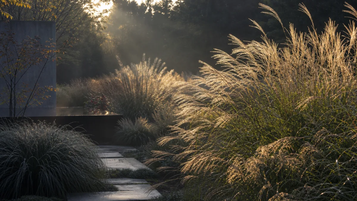 ornamental grasses in a contemporary garden with soft morning mist, backlit seed…